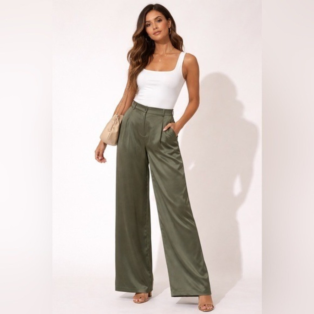 Olive Green Satin Wide Leg Pants High Rise Palazzo Trousers Juniors XL